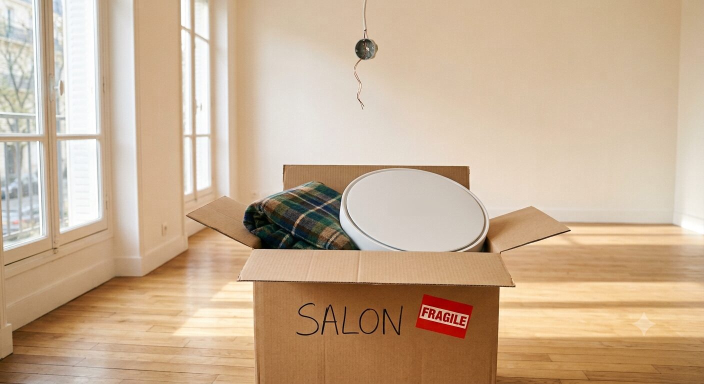 Carton de déménagement ouvert marqué SALON, l'appareil rangé entre un plaid et des livres, sous le point lumineux qui l'attend