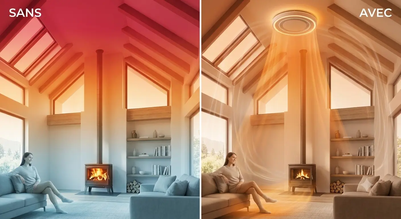Salon avec poêle à bois, sans puis avec Orbenn : la chaleur du plafond redescendue vers la zone de vie