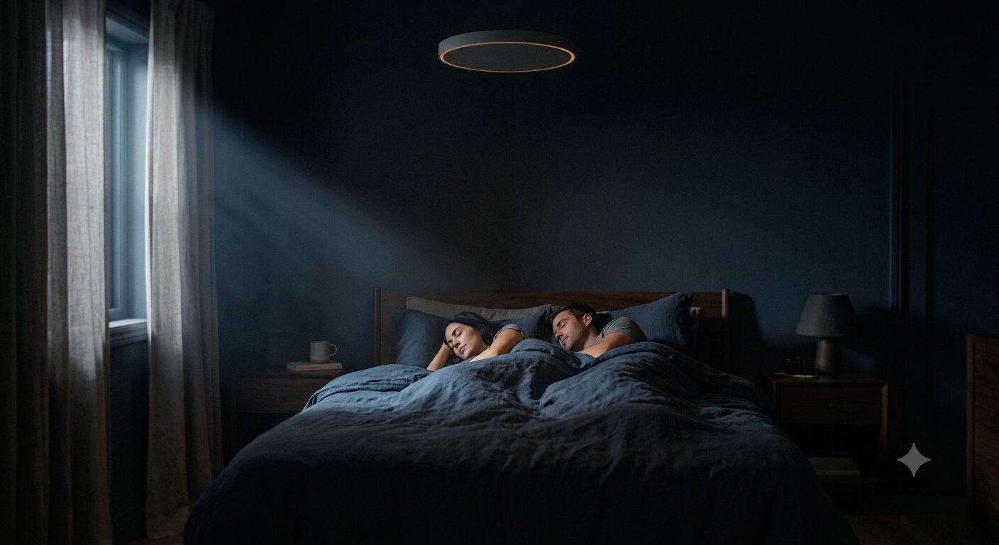 Chambre de nuit, couple endormi, l'appareil au plafond en veille, liseré ambre discret
