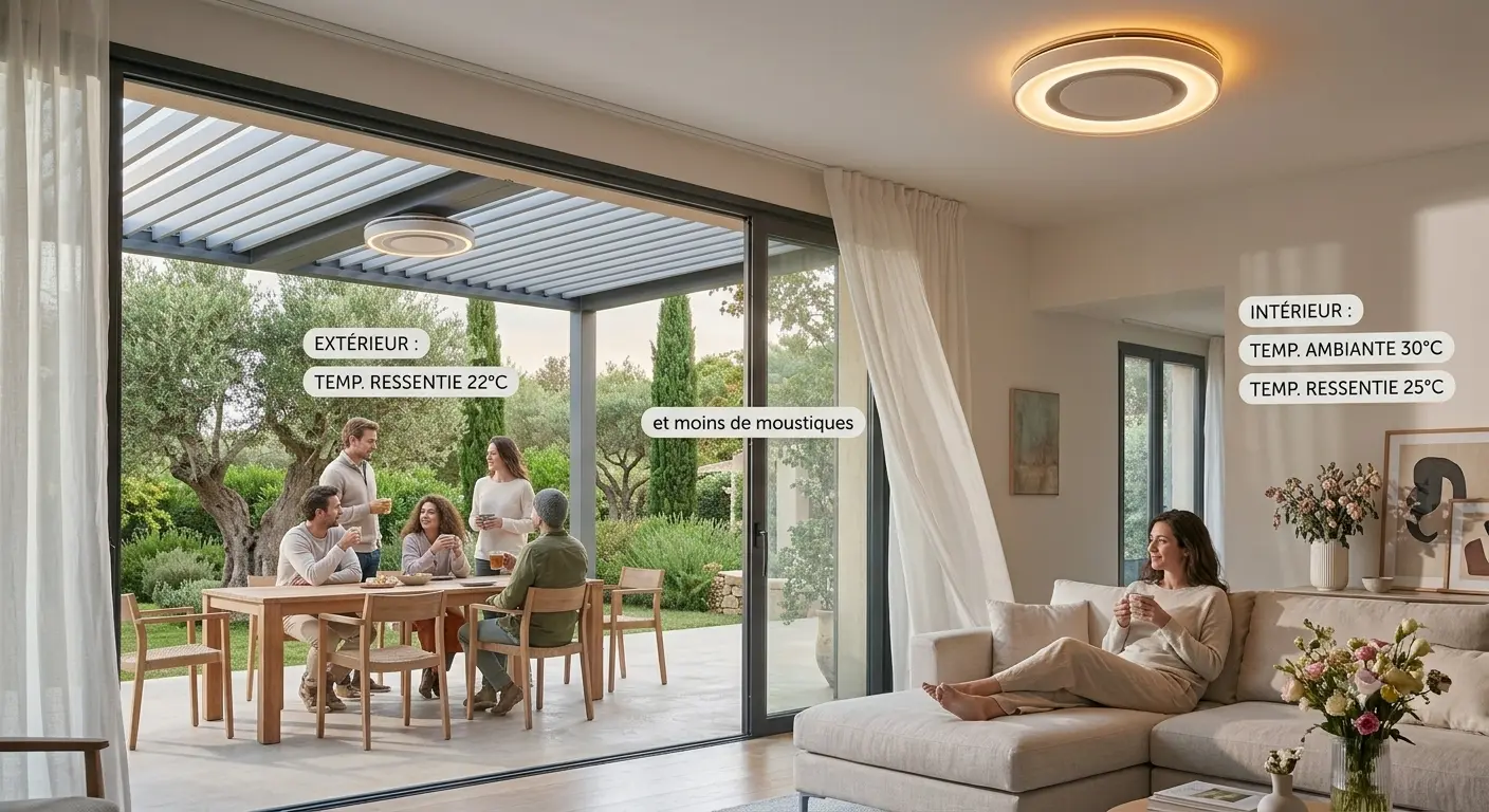 Été : séjour ouvert sur la terrasse, températures ressenties affichées à l'intérieur et sous la pergola